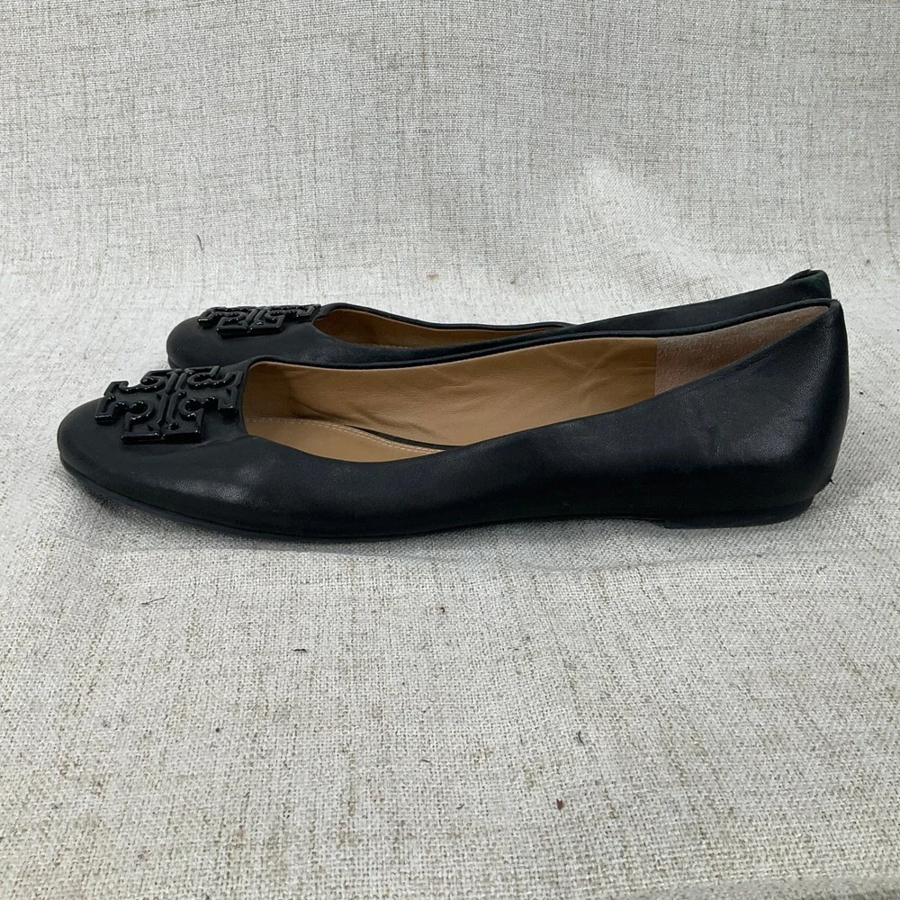 Tory Burch Claire Ballet Flats Women 9 Black Leather Enamel Logo Classic Luxury